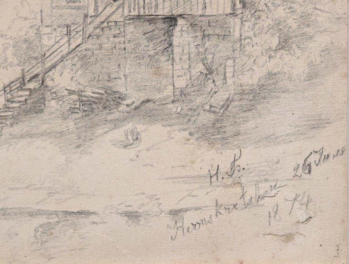 H.F, daté 1874. Vue d'un chalet dans un paysage, situé à Herrskretschen, en Tchéquie.-photo-2