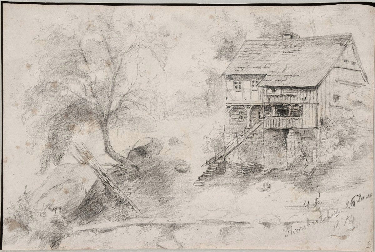 H.F, daté 1874. Vue d'un chalet dans un paysage, situé à Herrskretschen, en Tchéquie.