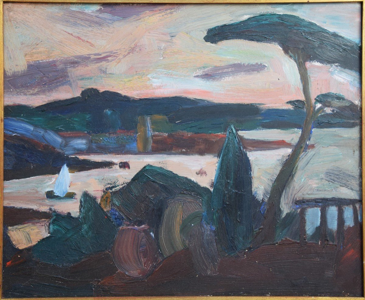 Ecole française du XXè. Vue d'un lac au crépuscule.
