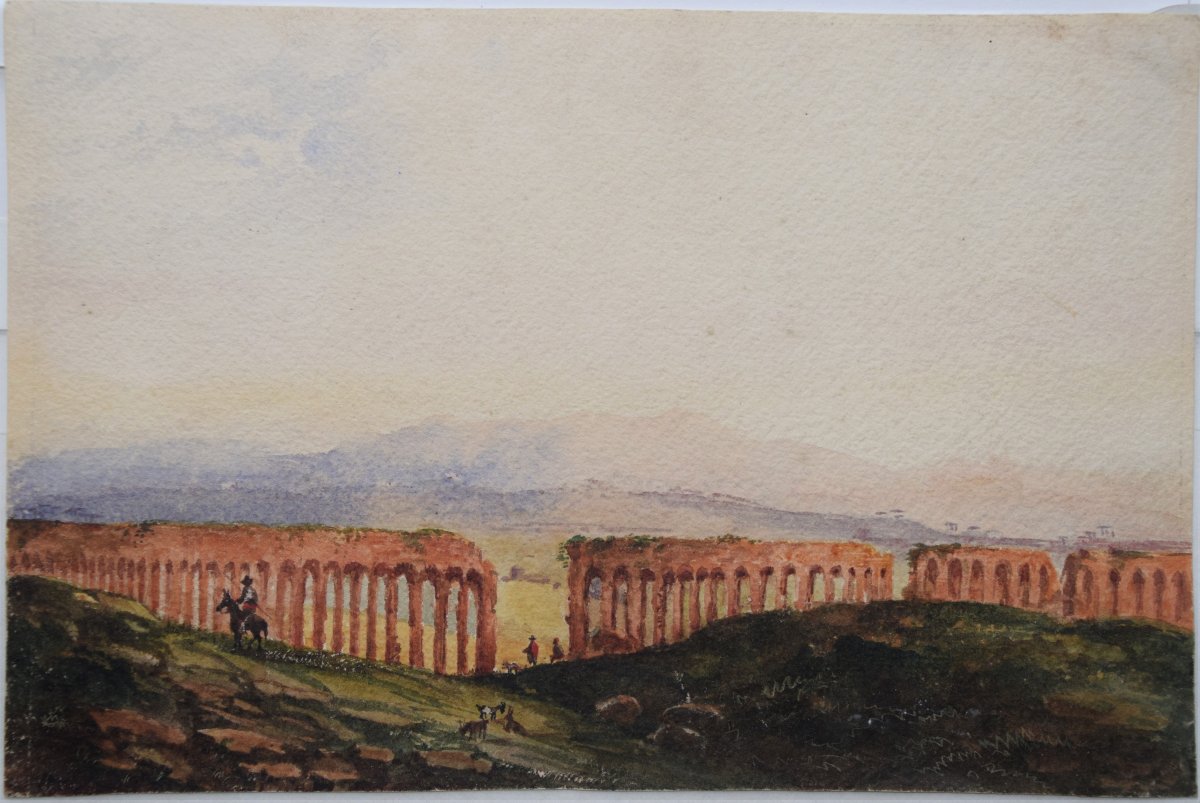 Grand Tour, XIXè. Vue animée de l'acqueduc de Claude.
