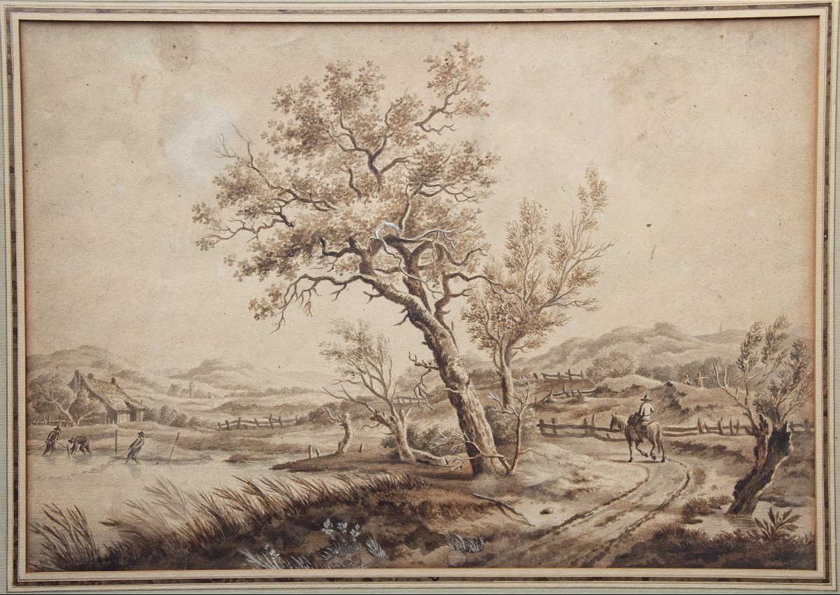 Ecole hollandaise, vers 1800. Paysage à l'arbre, animé d'un cavalier.-photo-2