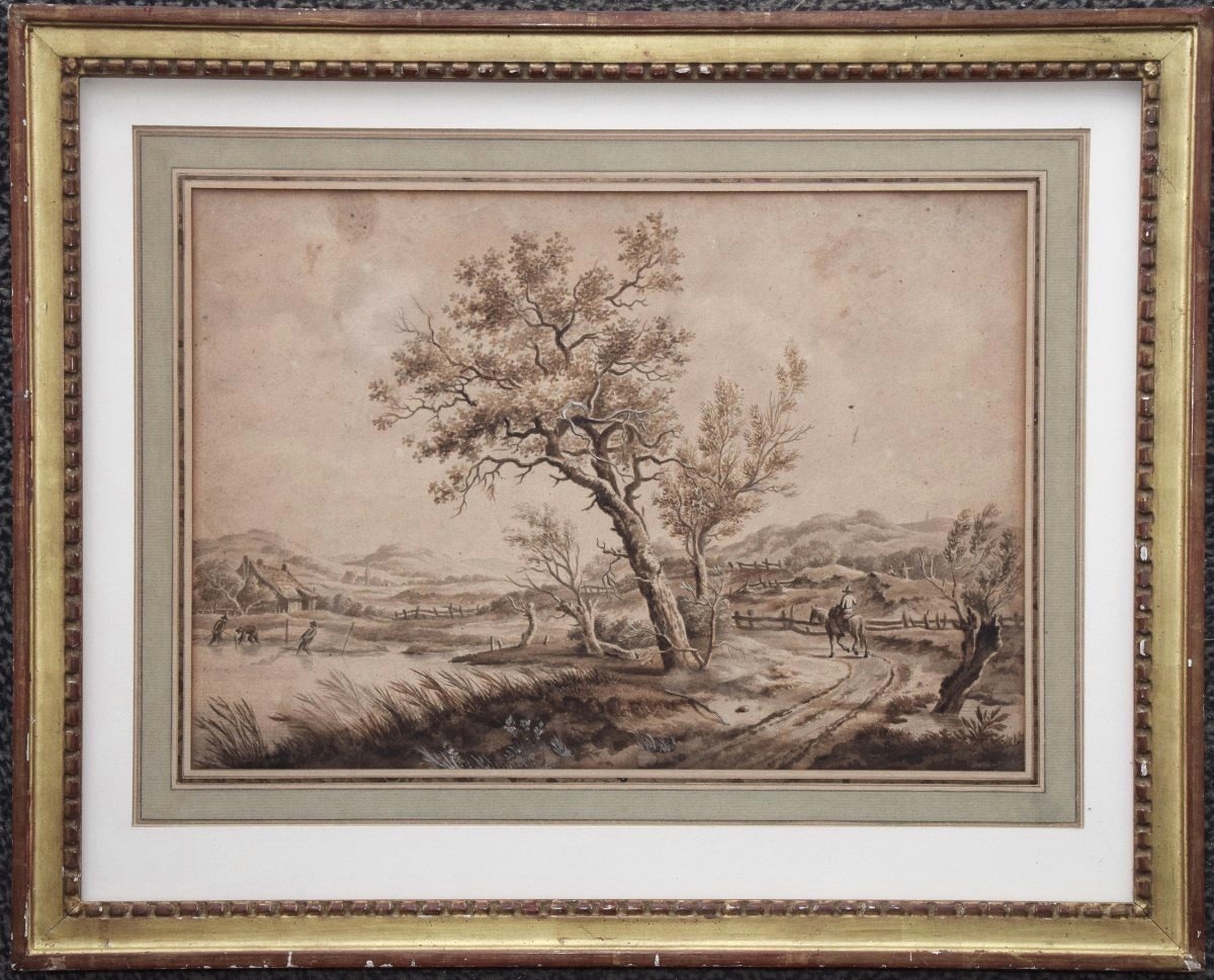 Ecole hollandaise, vers 1800. Paysage à l'arbre, animé d'un cavalier.