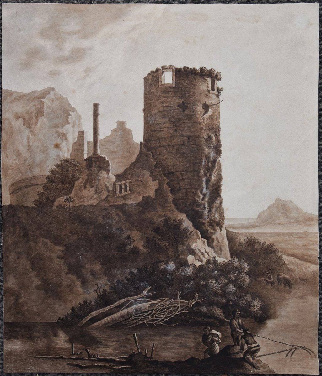 Ecole du Nord, vers 1800. Paysage avec une tour, des pêcheurs à l'avant-plan.