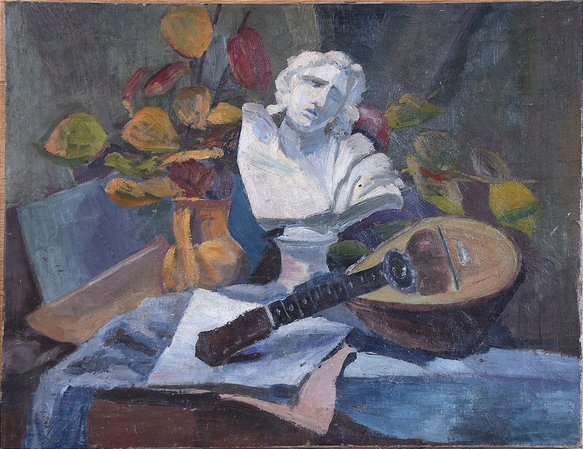 Ecole belge, vers 1930. Nature morte à la mandoline.