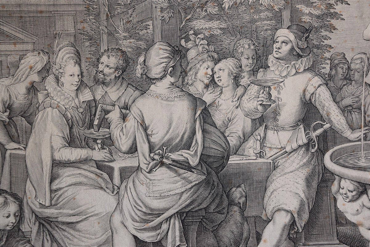 Jacob Matham 1571 - 1631. Le Fils prodigue dilapide son héritage dans les plaisirs de la table.-photo-2