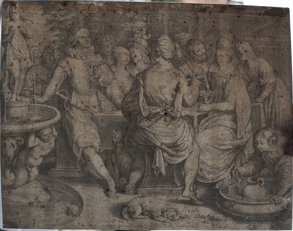 Jacob Matham 1571 - 1631. Le Fils prodigue dilapide son héritage dans les plaisirs de la table.-photo-4
