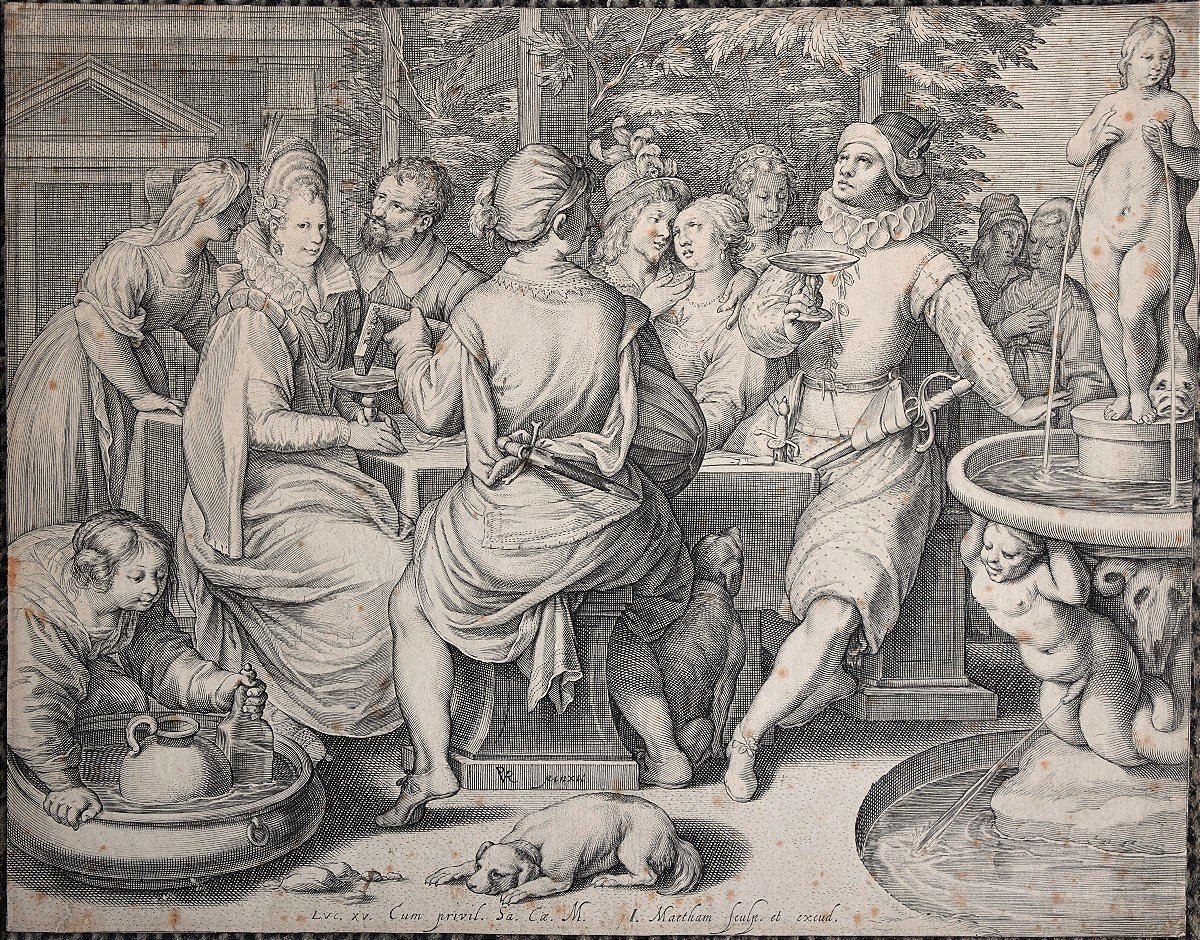 Jacob Matham 1571 - 1631. Le Fils prodigue dilapide son héritage dans les plaisirs de la table.