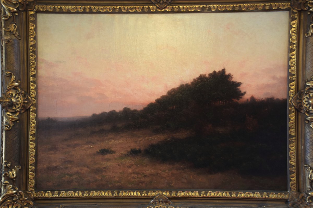 Richard Baseleer 1867-1951 . Crépuscule en Campine. Datée 1909. Grand format.-photo-2
