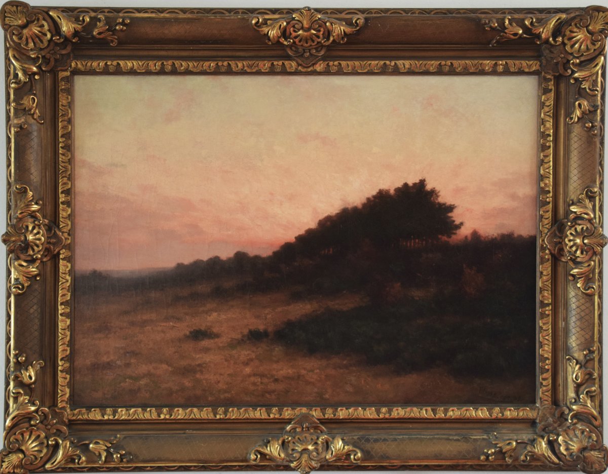 Richard Baseleer 1867-1951 . Crépuscule en Campine. Datée 1909. Grand format.