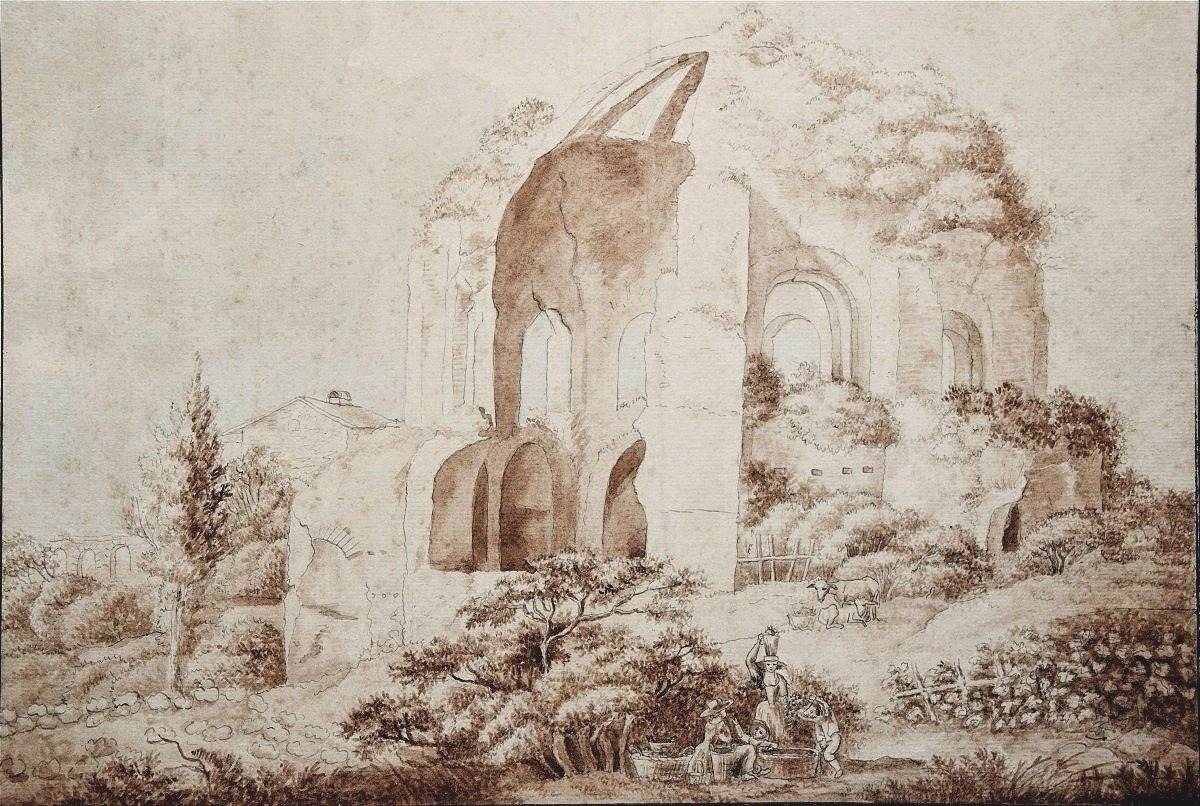 Jacob Wilhelm Mechau 1745 - 1808. Lavandières près du Temple Minerva Medica.
