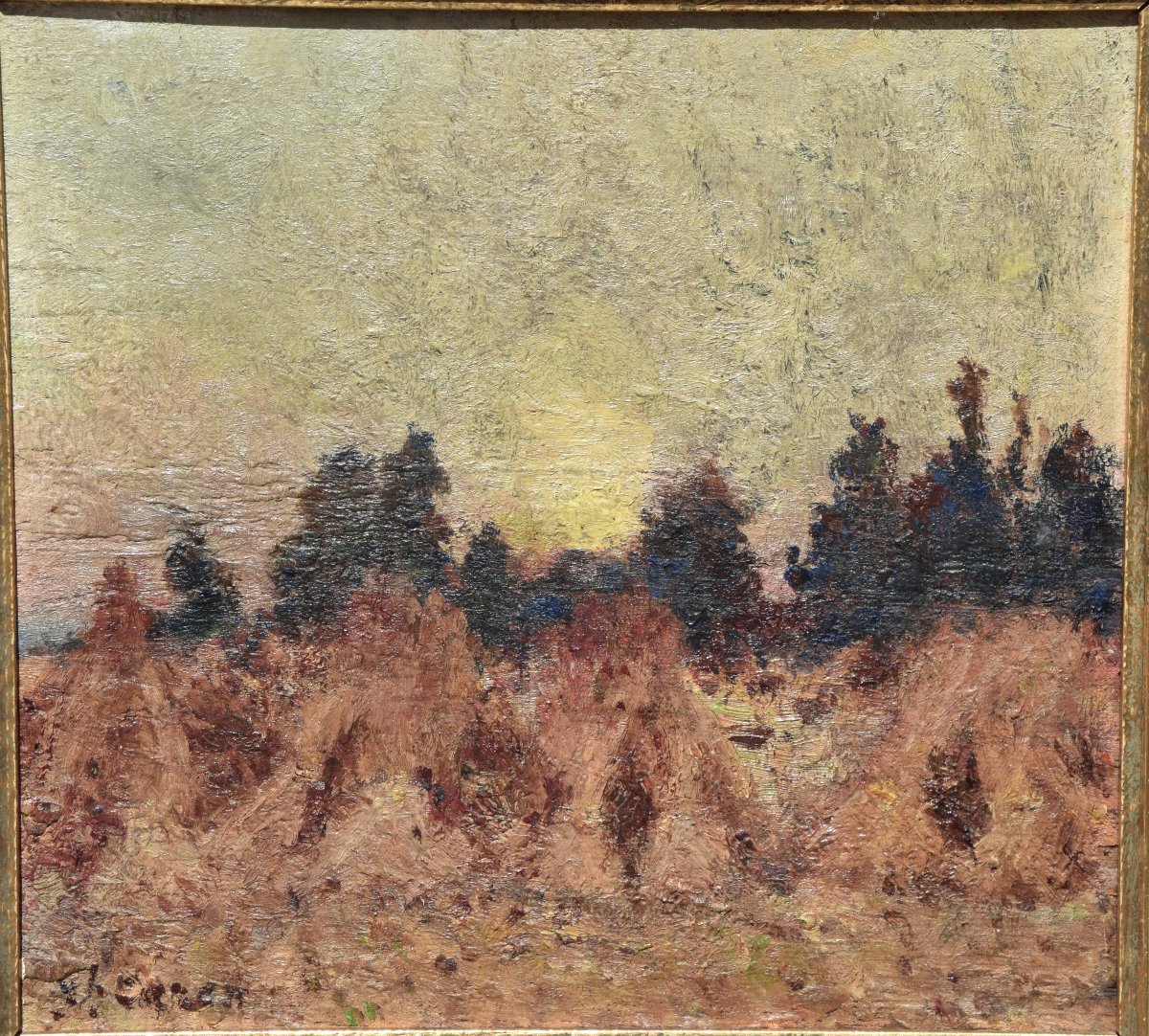 Joseph Caron 1866 - 1944 . Meules de foin au crépuscule.-photo-3