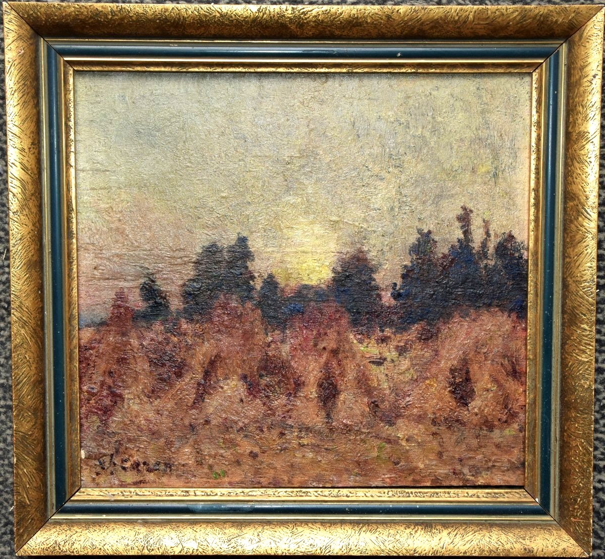 Joseph Caron 1866 - 1944 . Meules de foin au crépuscule.
