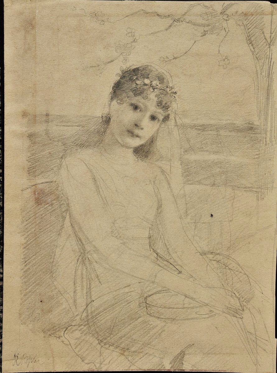 Robert Rössler 1864 - 1934. Portrait de jeune femme au tambourin et à la coiffe fleurie.