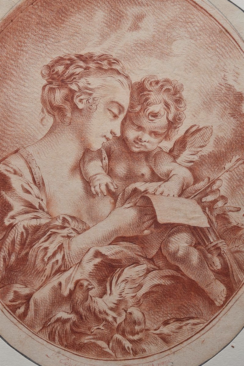 Ecole française du XVIIIè, d'après François Boucher. L'Education de l'amour. Sanguine.-photo-2