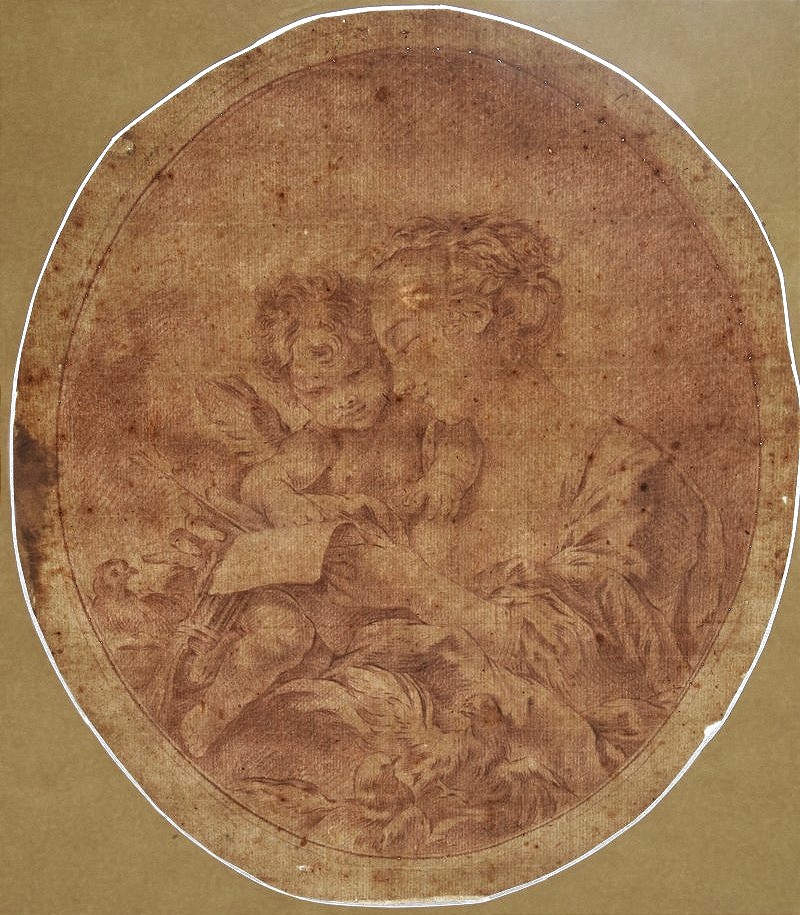 Ecole française du XVIIIè, d'après François Boucher. L'Education de l'amour. Sanguine.-photo-1