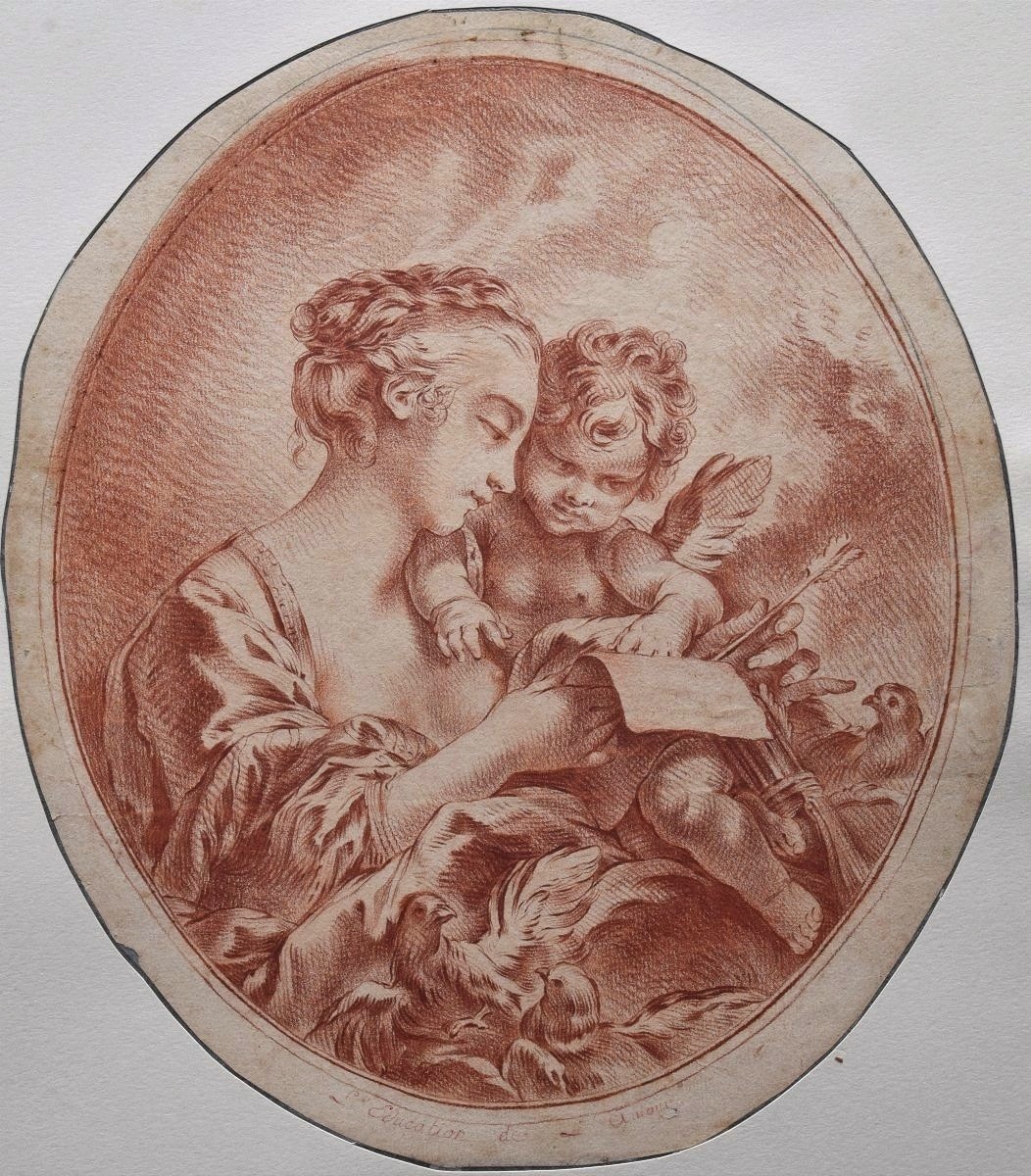 Ecole française du XVIIIè, d'après François Boucher. L'Education de l'amour. Sanguine.