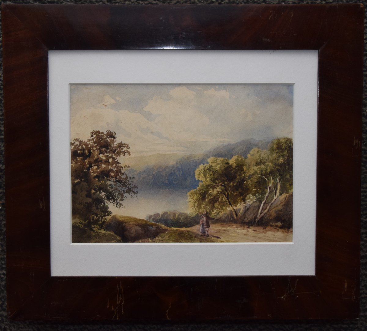 19th-century English School. Walkers On The Hillside, Near A Lake.-photo-3
