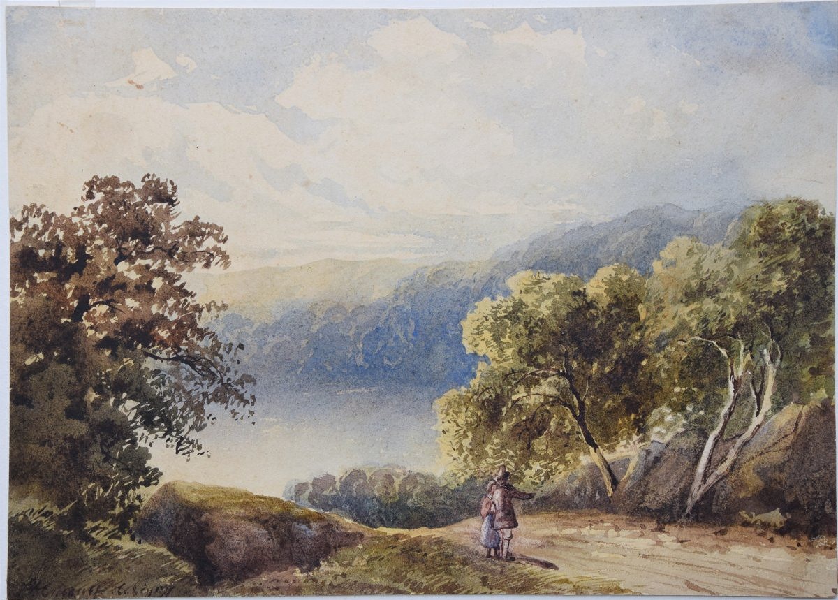 19th-century English School. Walkers On The Hillside, Near A Lake.