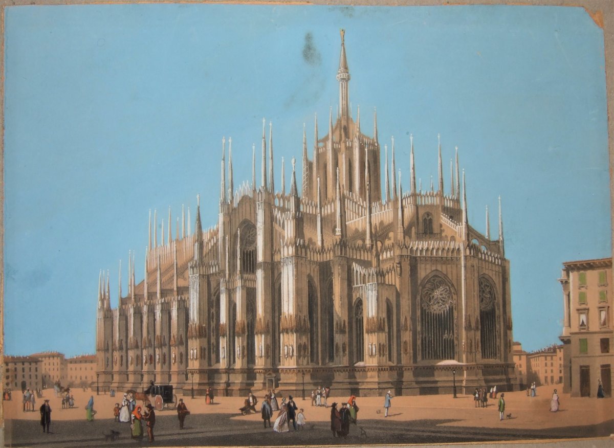 Vue Animée Du Duomo De Milan Vu De l'Arrière - Gouache Sur Traits Gravés -