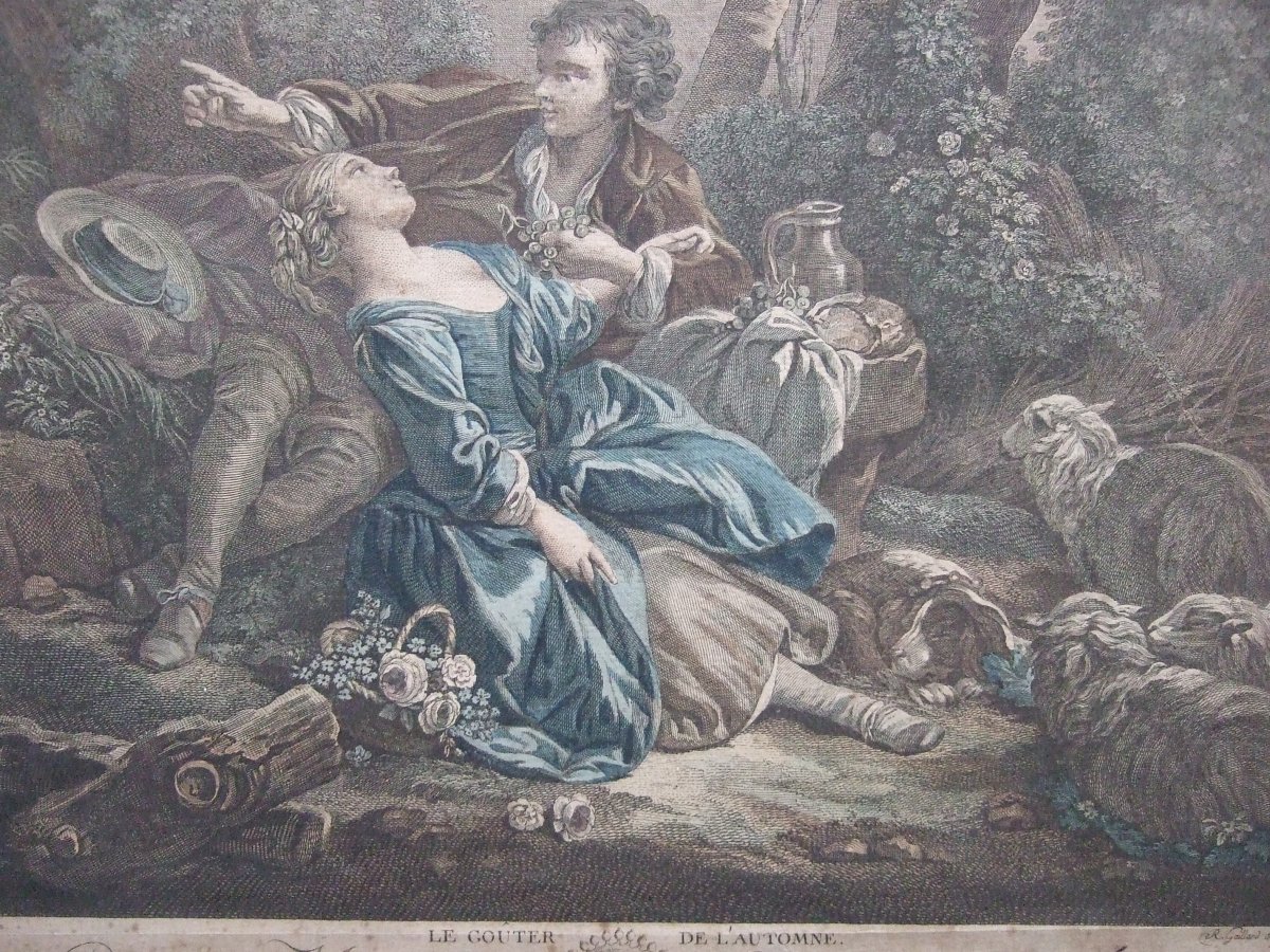 Francois Boucher. Le Gouter De l'Automne, Engraved By Gaillard, Circa 1800, Framed-photo-4