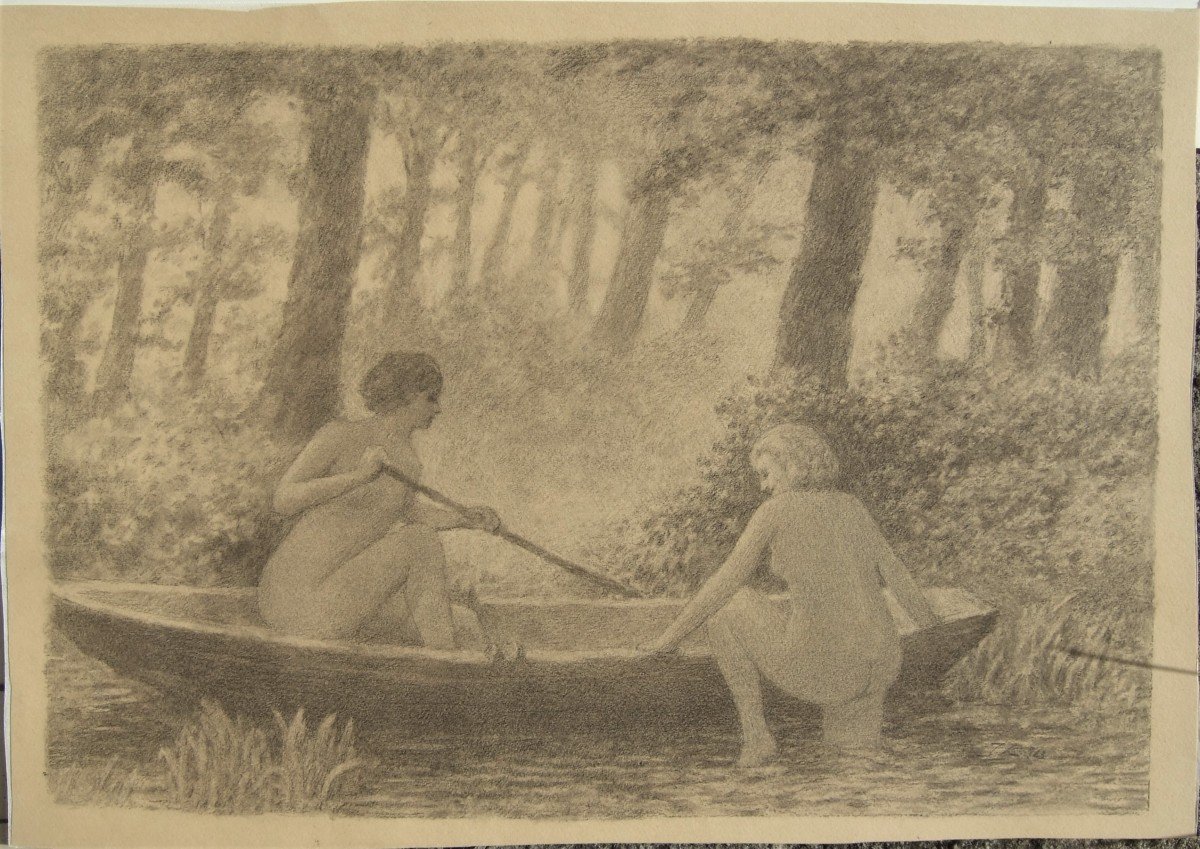 Symbolist School. Around 1920. Two Bathers In A Boat. Charcoal On Paper.-photo-2