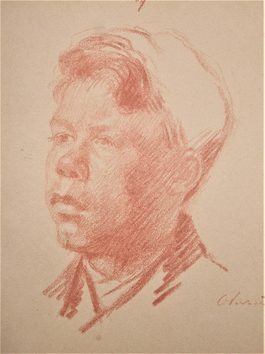 Olivier Duchateau- Feuille d'études à La Sanguine - Trois Portraits . Encadrée. Vers 1900-photo-1