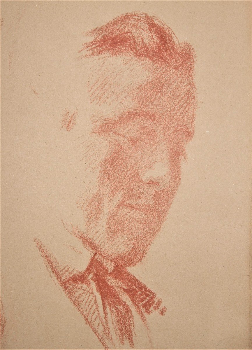 Olivier Duchateau- Feuille d'études à La Sanguine - Trois Portraits . Encadrée. Vers 1900-photo-3
