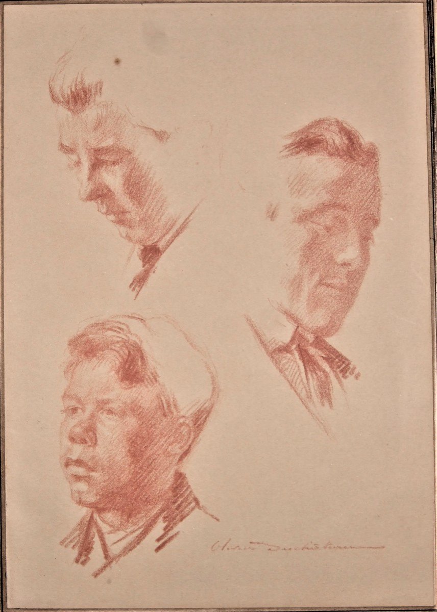 Olivier Duchateau- Feuille d'études à La Sanguine - Trois Portraits . Encadrée. Vers 1900