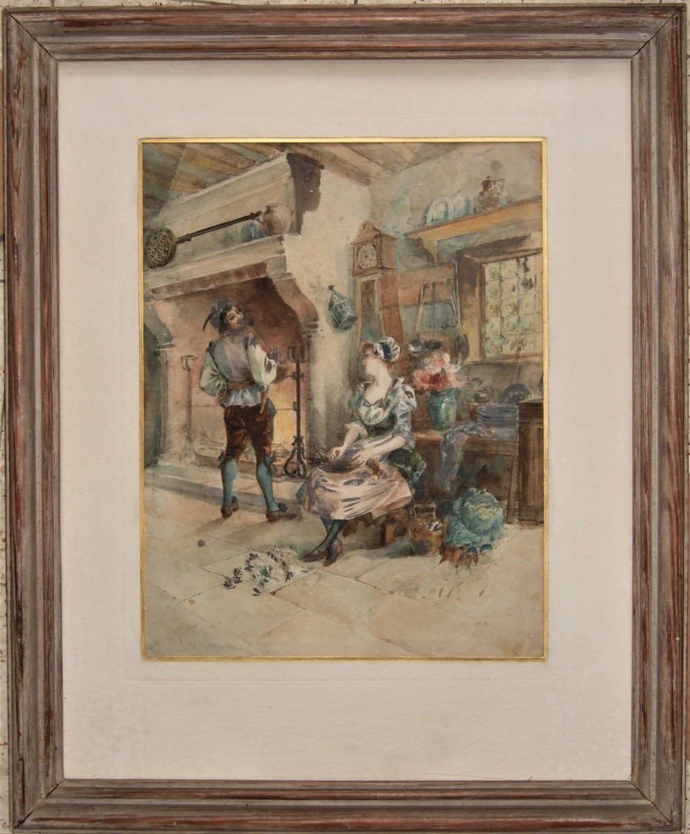 Couple In An Interior . Watercolor Signed G.germain. 19th . Framed-photo-4
