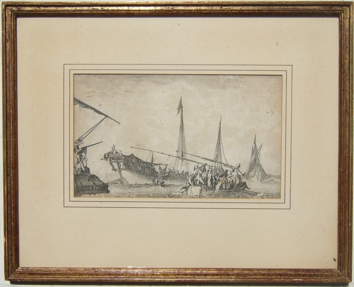 Stefano Della Bella. Galion & Barque Avec Des Soldats, Près d'Un Port. Provenance : l'Arte Antica, Lugt 3403-photo-2