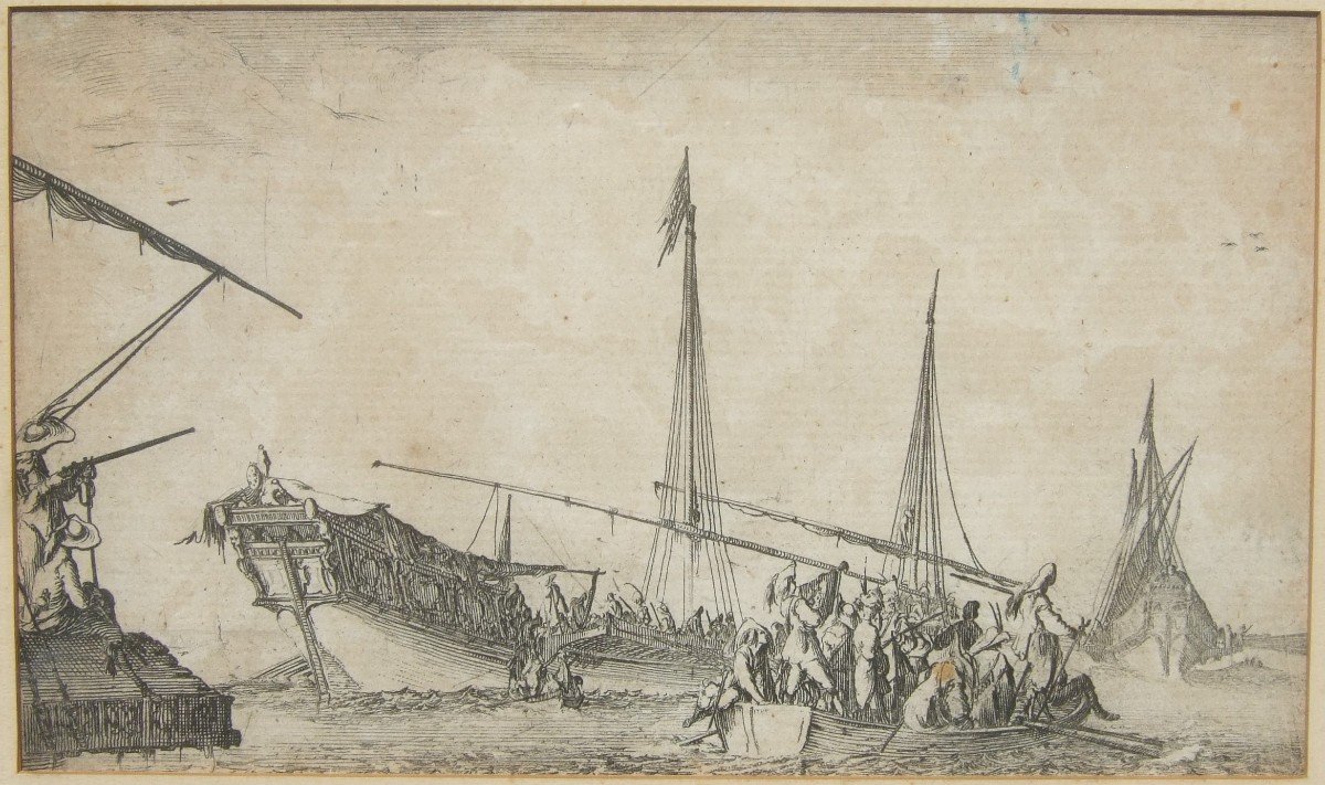 Stefano Della Bella. Galion & Barque Avec Des Soldats, Près d'Un Port. Provenance : l'Arte Antica, Lugt 3403
