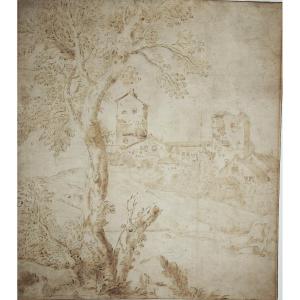 Marco Ricci. Landscape With A Residence, A Tree In The Foreground. Watermark 3 Crescents.