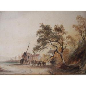 Attributed To Anthony Vandyke Copley Fielding. Animated View At The Edge Of A Lake.