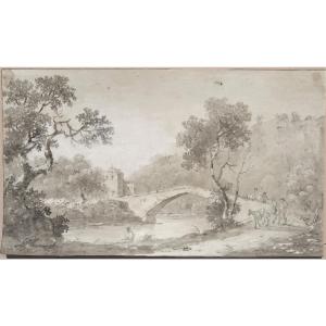 Attributed To Carlo Lodi. Landscape With A Bridge, Animated With Walkers.
