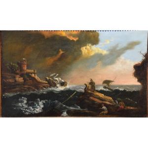 Ecole Française, Vers 1800. Navires Dans La Tempête.