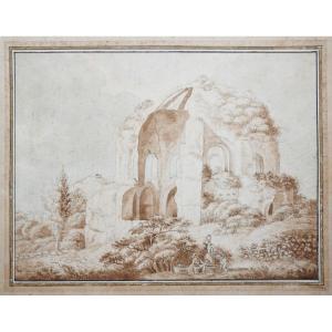Jacob Wilhelm Mechau 1745 - 1808. Lavandières près du Temple Minerva Medica.