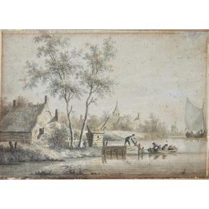 Dutch School, Circa 1800. View Of A Lake With Fishermen Near A Village.