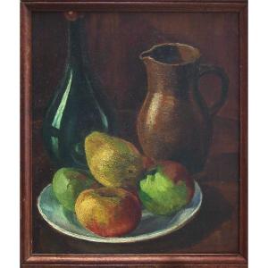Ecole belge, première moitié XXè. Nature morte aux fruits & pichet.