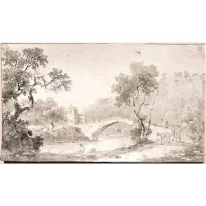 Carlo Lodi. Paysage avec un pont, animé de promeneurs. Au verso, esquisses d'architecture.