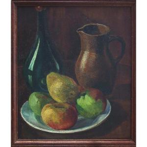 Ecole belge. Nature morte aux fruits et pichet.