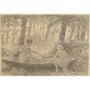 Ecole symboliste, vers 1920. Deux baigneuses dans une barque.