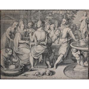 Jacob Matham 1571 - 1631. Le Fils prodigue dilapide son héritage dans les plaisirs de la table.