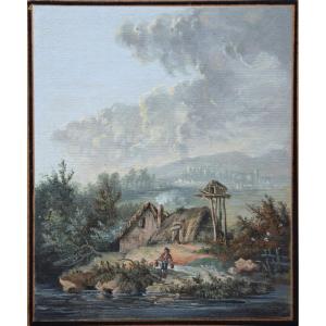 Ecole française, vers 1800.Chaumière au bord d'un lac.