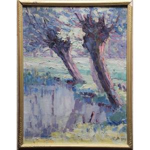 Clémence Biron. Saules au bord d'un étang.