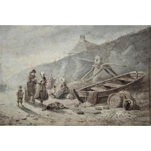 Jan Gerard Smits 1823 - 1910. Scène en bord de mer à Gravenhage., 1862