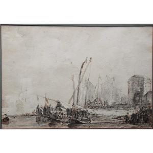 Jan Christianus Schotel  1787-1838. Bateaux de pêche accostant.