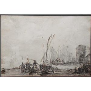 Jan Christianus Schotel  1787-1838. Bateaux de pêche accostant.