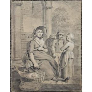 Ecole hollandais du XIXè. La marchande de poissons.