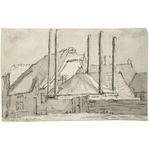 Cornelis Saftleven 1607 - 1681. Vue de chaumières avec cheminées.