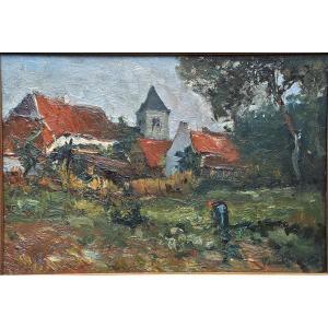 Ecole belge, début XXè. Vue de jardins à l'arrière de maisons.